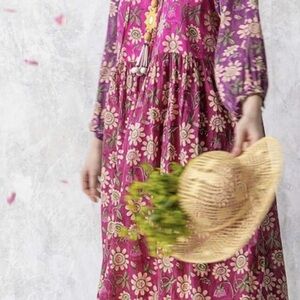 Gudrun Sjoden -  Floral Pink Bishop Sleeve V-Neck Sundress- semi sheer